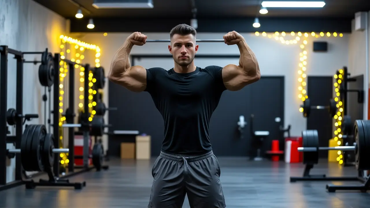 Un atleta español musculoso levanta pesas en la oscuridad