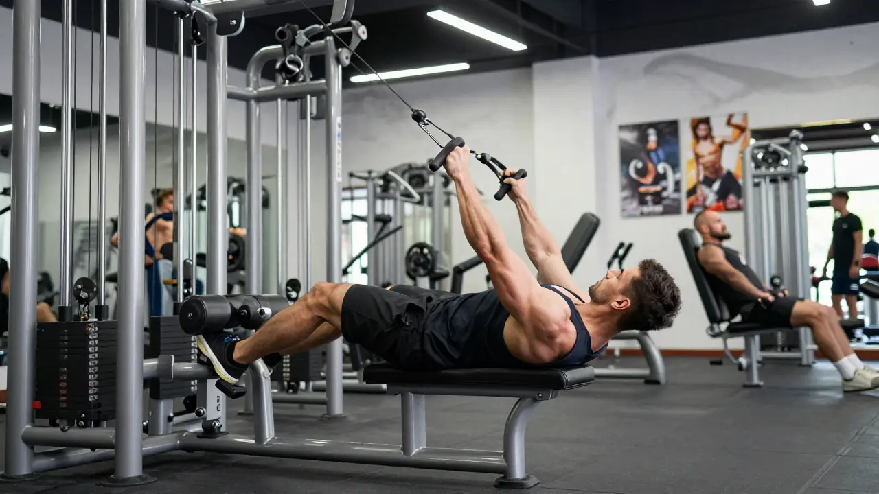 Un hombre musculoso ejercita abdominales en un gimnasio moderno