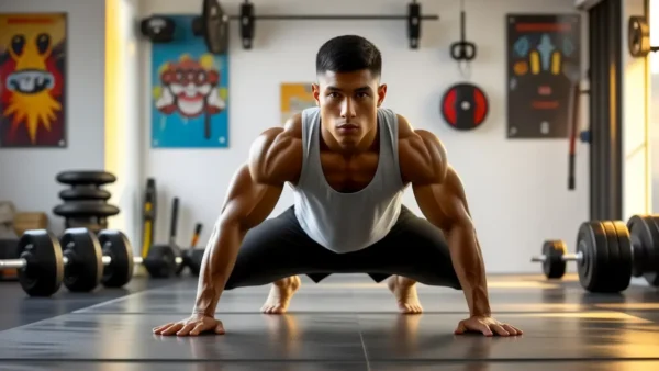 Atleta español musculoso realiza plancha en gimnasio
