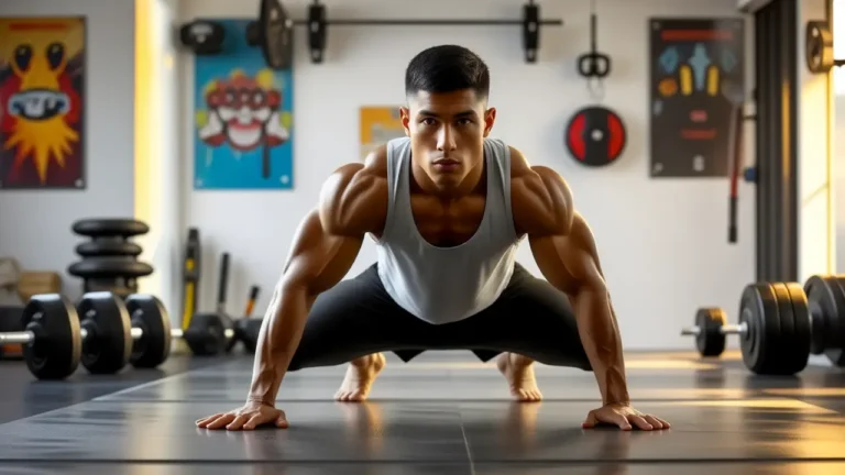 Atleta español musculoso realiza plancha en gimnasio