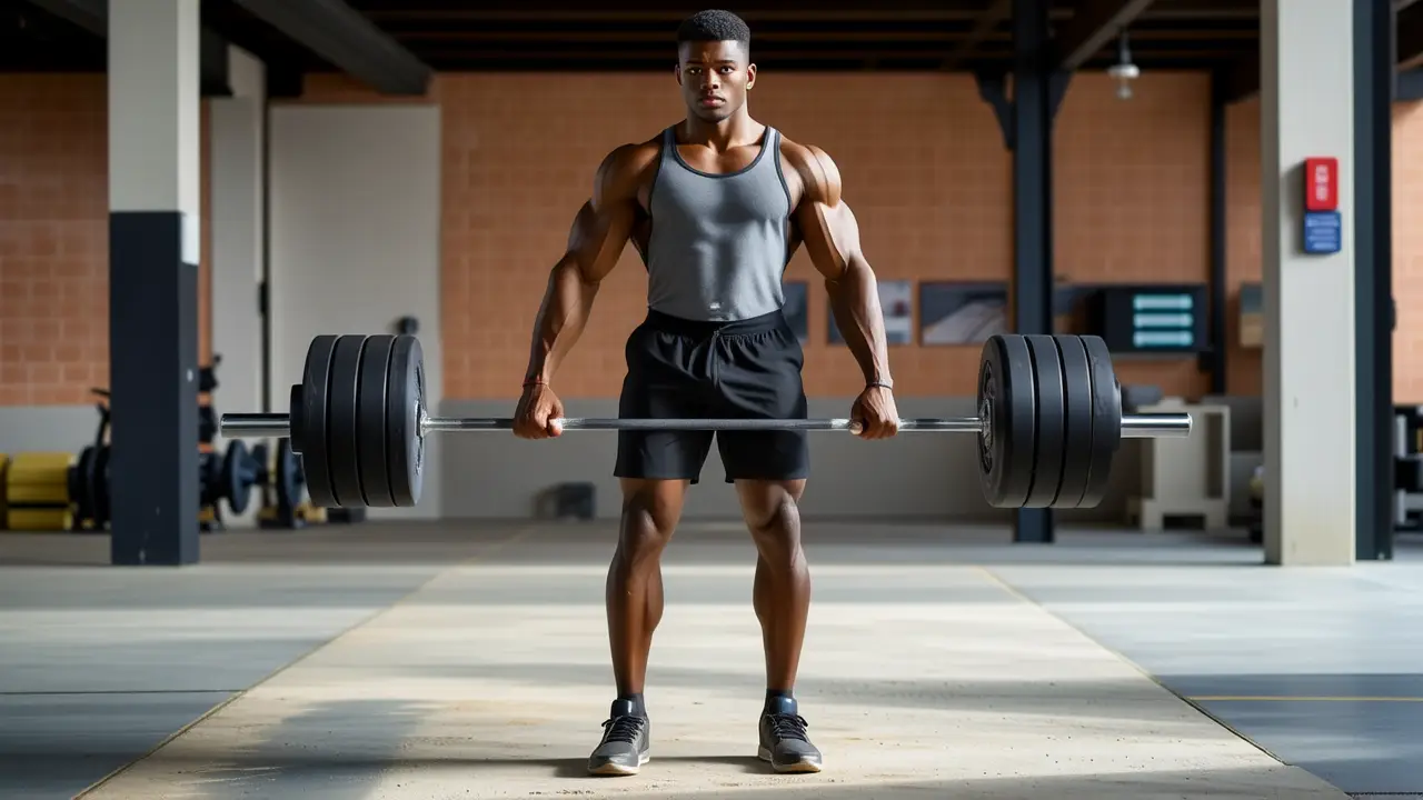 Un hombre fuerte levanta pesas en gimnasio