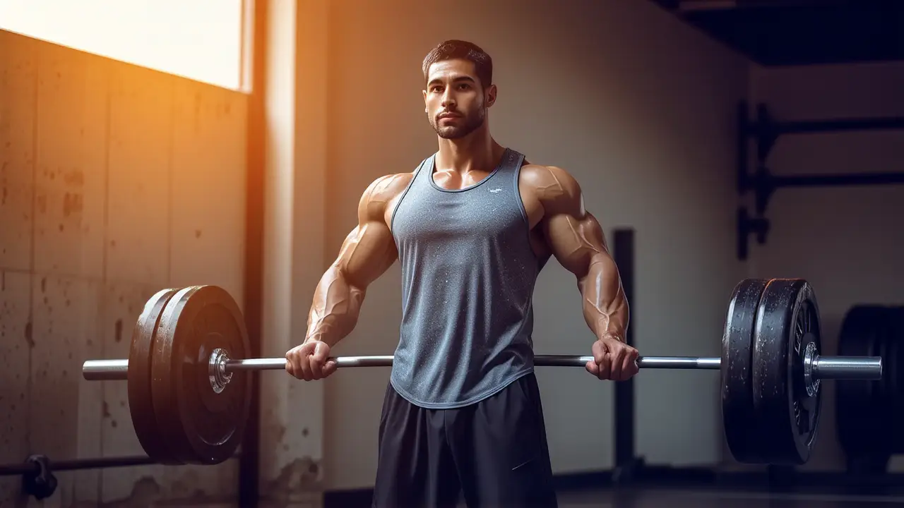 Un hombre atlético levanta pesas en un gimnasio
