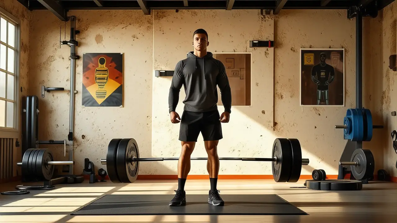 Atleta español musculoso levanta pesas en gimnasio