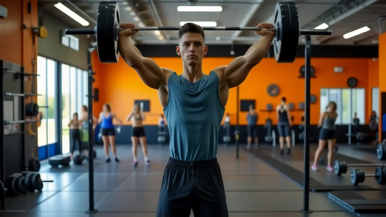 Atleta español musculoso levanta barra con fuerza