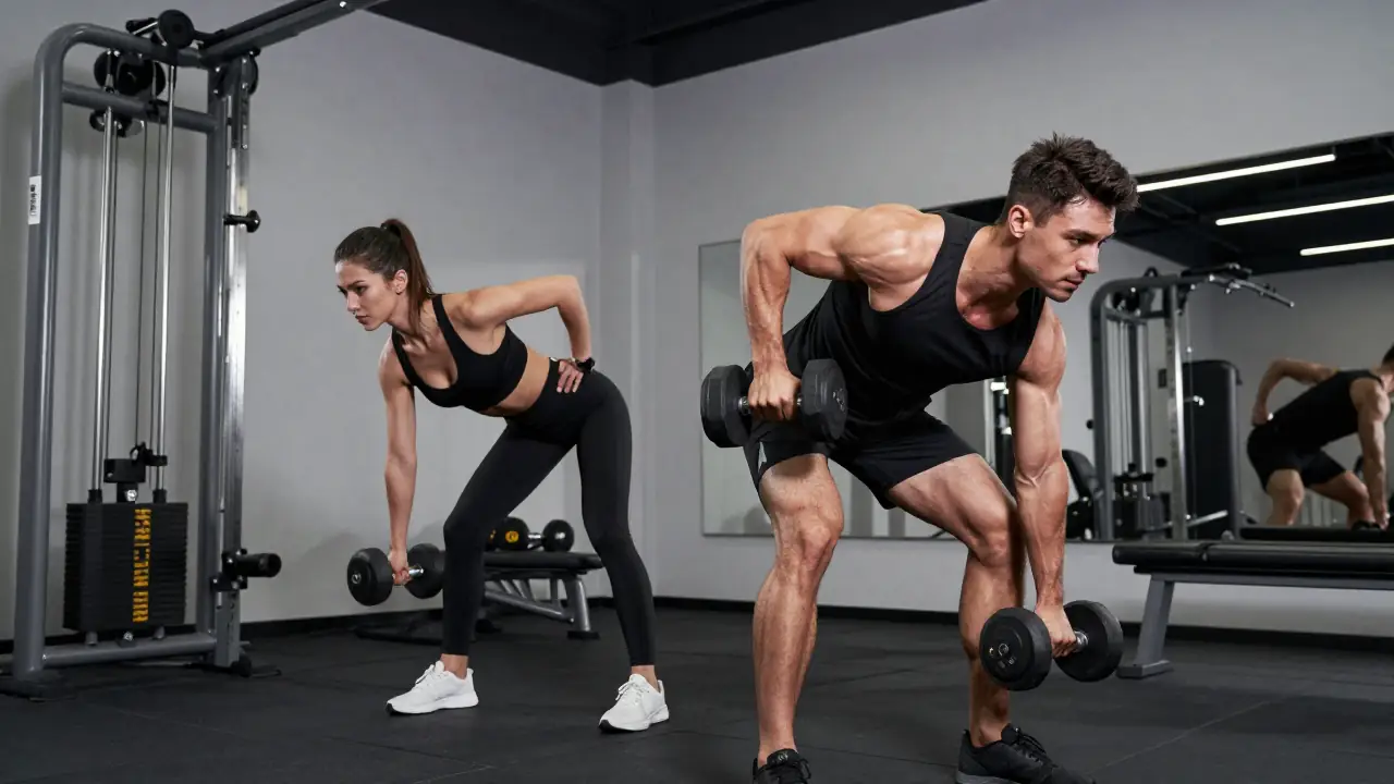 Un hombre y mujer ejercitan remo en gimnasio