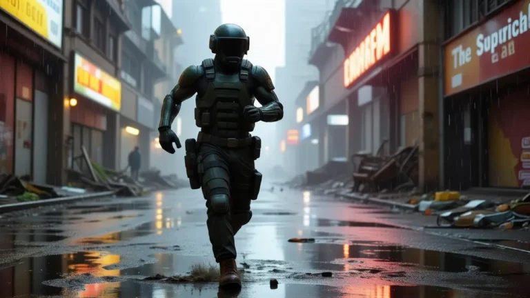 Un guerrero solitario corre en ruinas apocalípticas