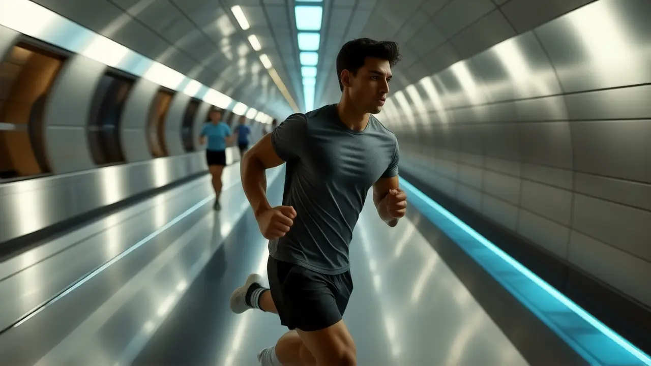 Corredor atlético en sombras futuristas y dramáticas