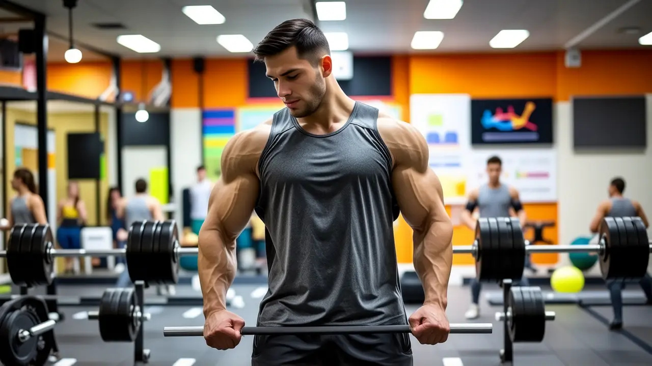 Un hombre atlético levanta pesas en gimnasio