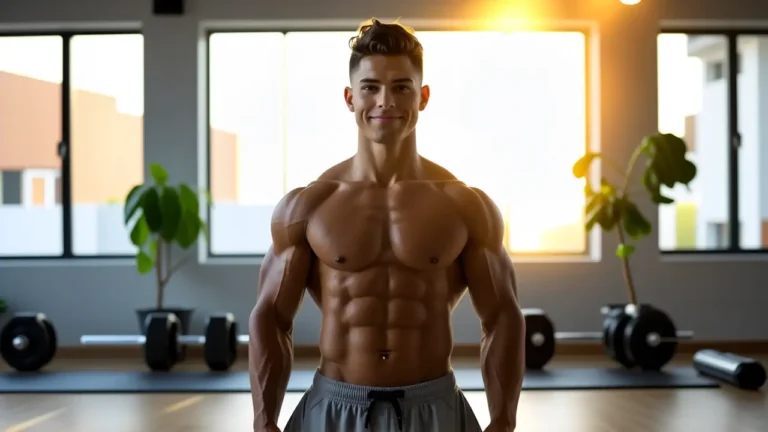 Un hombre atlético inspira en el gimnasio