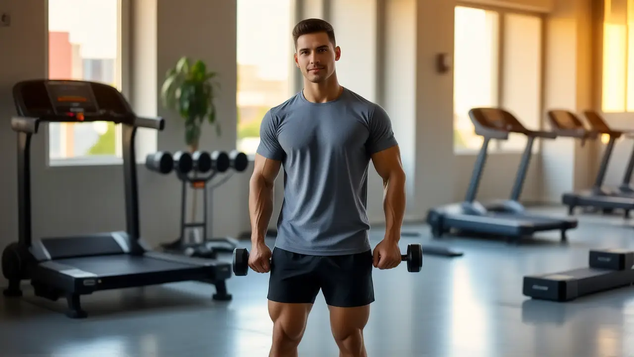 Un hombre atlético levanta pesas en gimnasio moderno