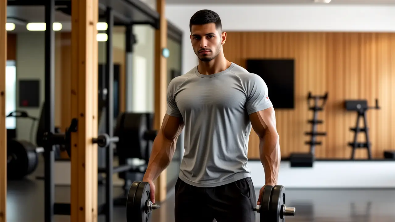 Un hombre atlético levanta pesas en gimnasio