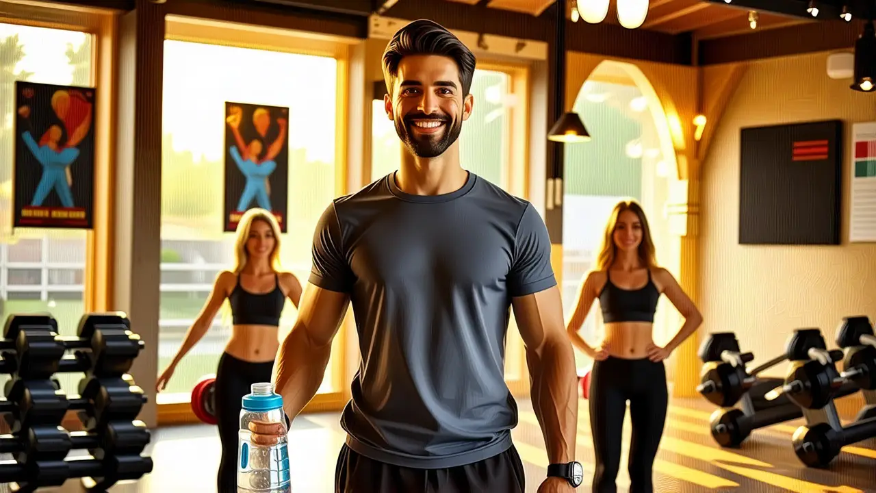 Un hombre atlético sonríe en gimnasio iluminado