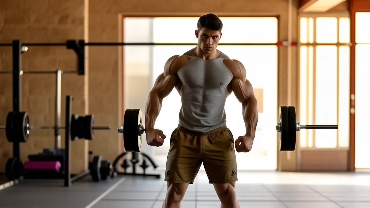 Un atleta español musculoso levanta mancuernas en luz dorada