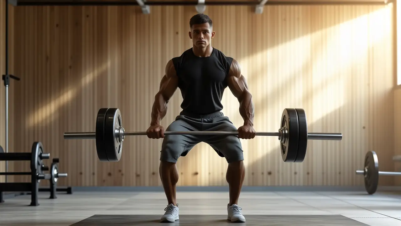 Atleta español musculoso levanta pesas con intensidad