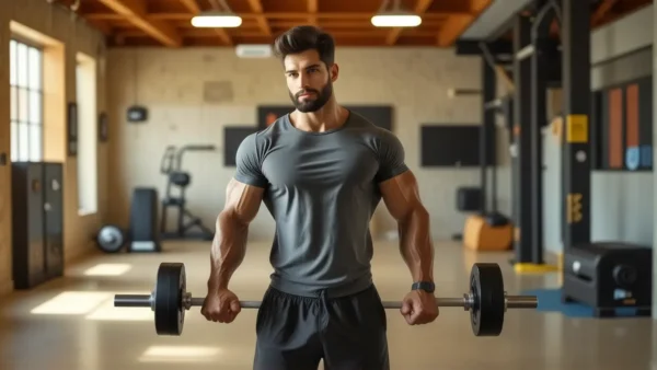 Un hombre atlético levanta pesas en gimnasio