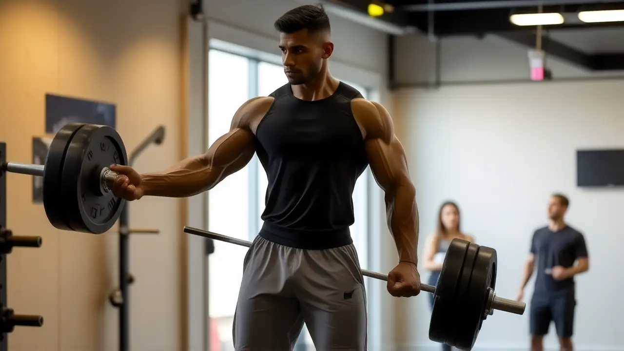 Un atleta español musculoso levanta pesas con potencia
