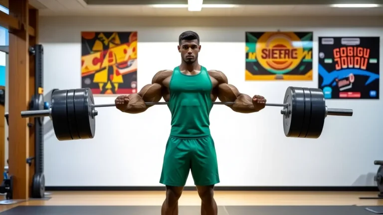 Un atleta español musculoso levanta pesas con intensidad