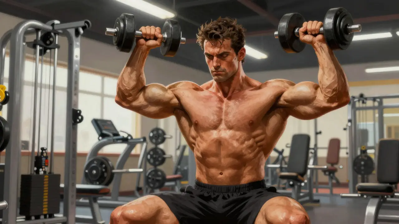 Un hombre musculoso levanta pesas con fuerza