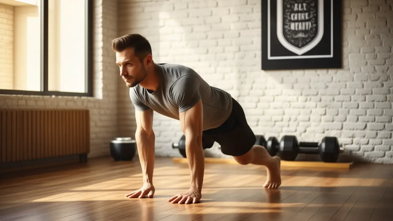 Un hombre atlético realiza burpees en casa