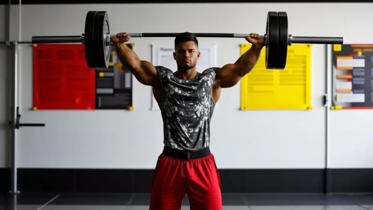 Atleta español musculoso levanta pesas con intensidad