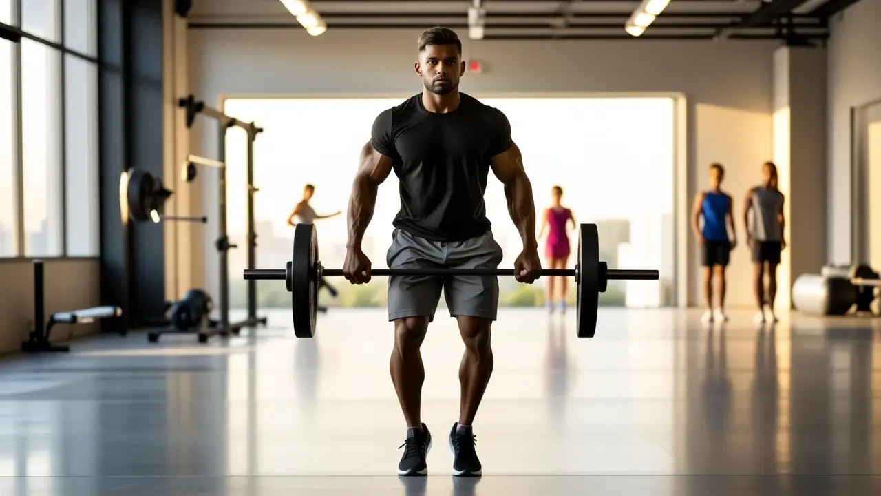 Un atleta español musculoso realiza un levantamiento dinámico en gimnasio moderno