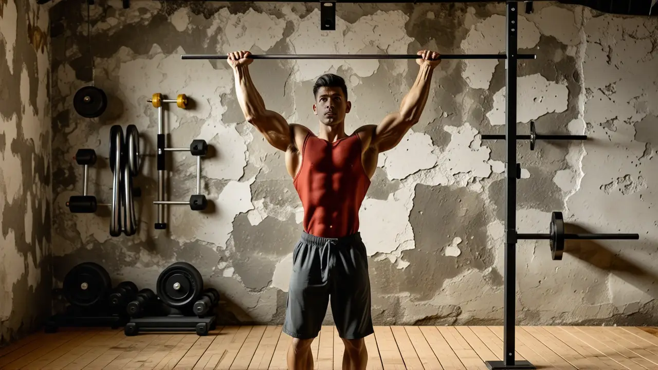 Atleta español musculoso en gimnasio iluminado
