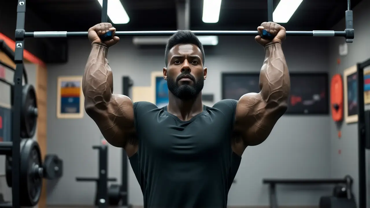 Atleta español muscular en gimnasio, concentrado