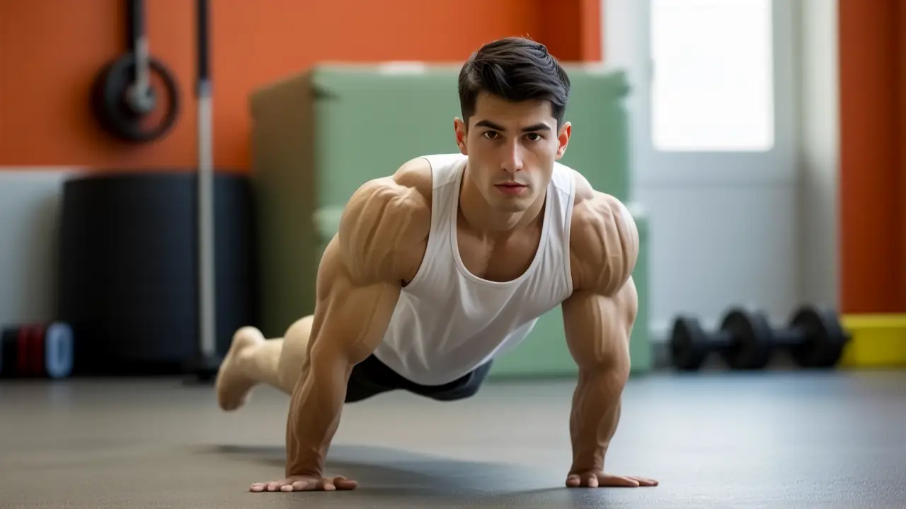 Atleta español musculoso realiza flexiones con energía