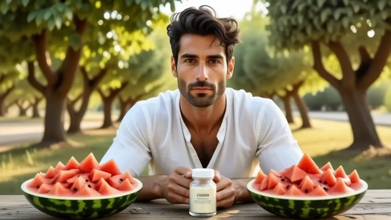 Un hombre español pensativo disfruta citrulina en la luz dorada