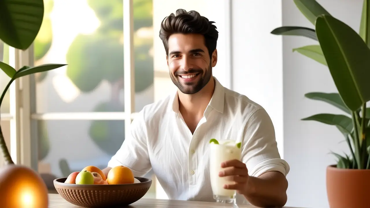 Un hombre atlético sonríe en un estudio yoga