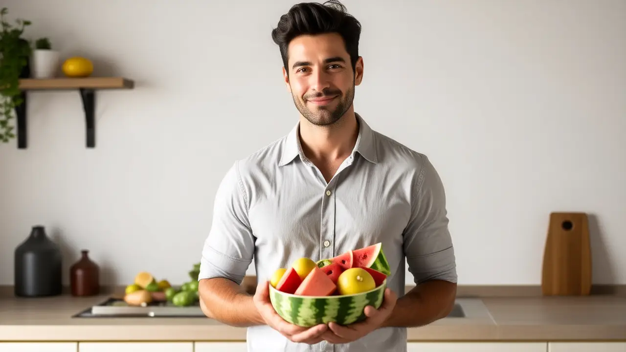 Un hombre español relajado disfruta fruta fresca
