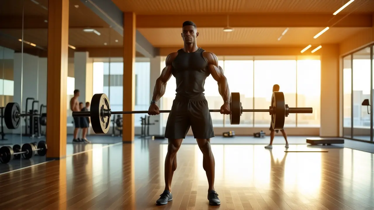 Atleta español musculoso levanta pesas con intensidad