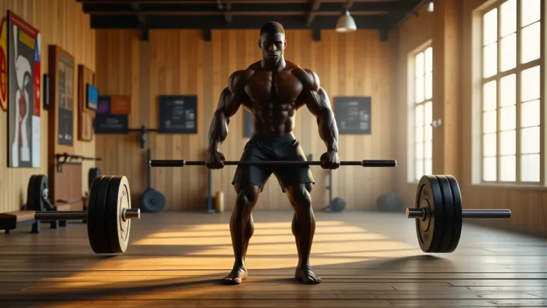 Atleta español musculoso levanta barra en gimnasio