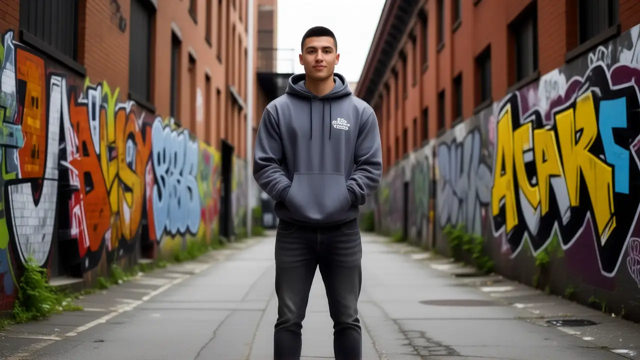 Un hombre atlético luce un hoodie minimalista en la ciudad
