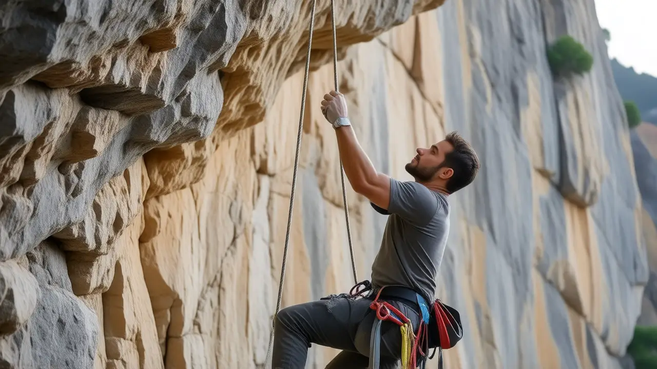 Un hombre atlético escala una roca dramática