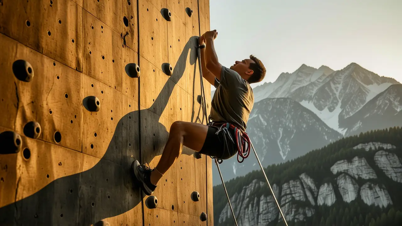 Un hombre atlético escala en un gimnasio iluminado