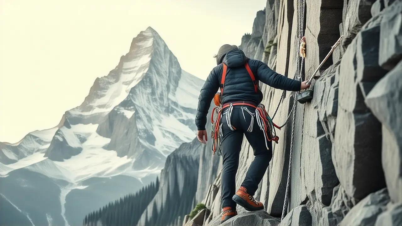 Climber asciende con determinación en la montaña