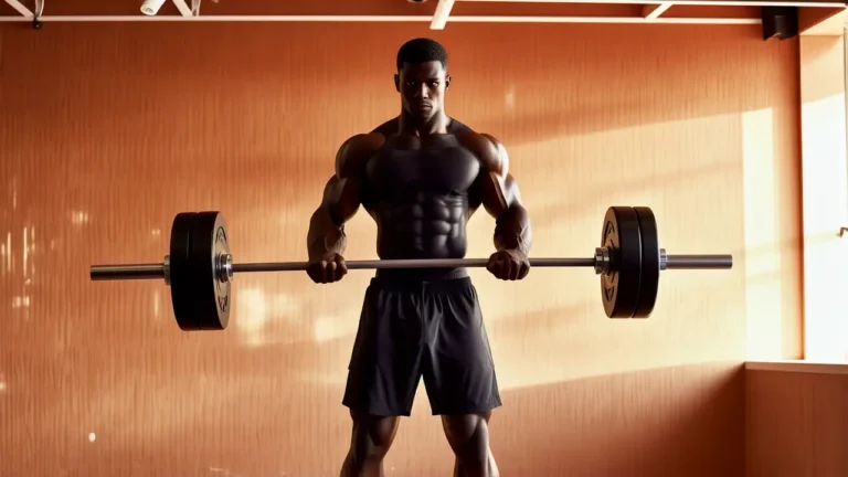 Un atleta español musculoso levanta pesas con intensidad