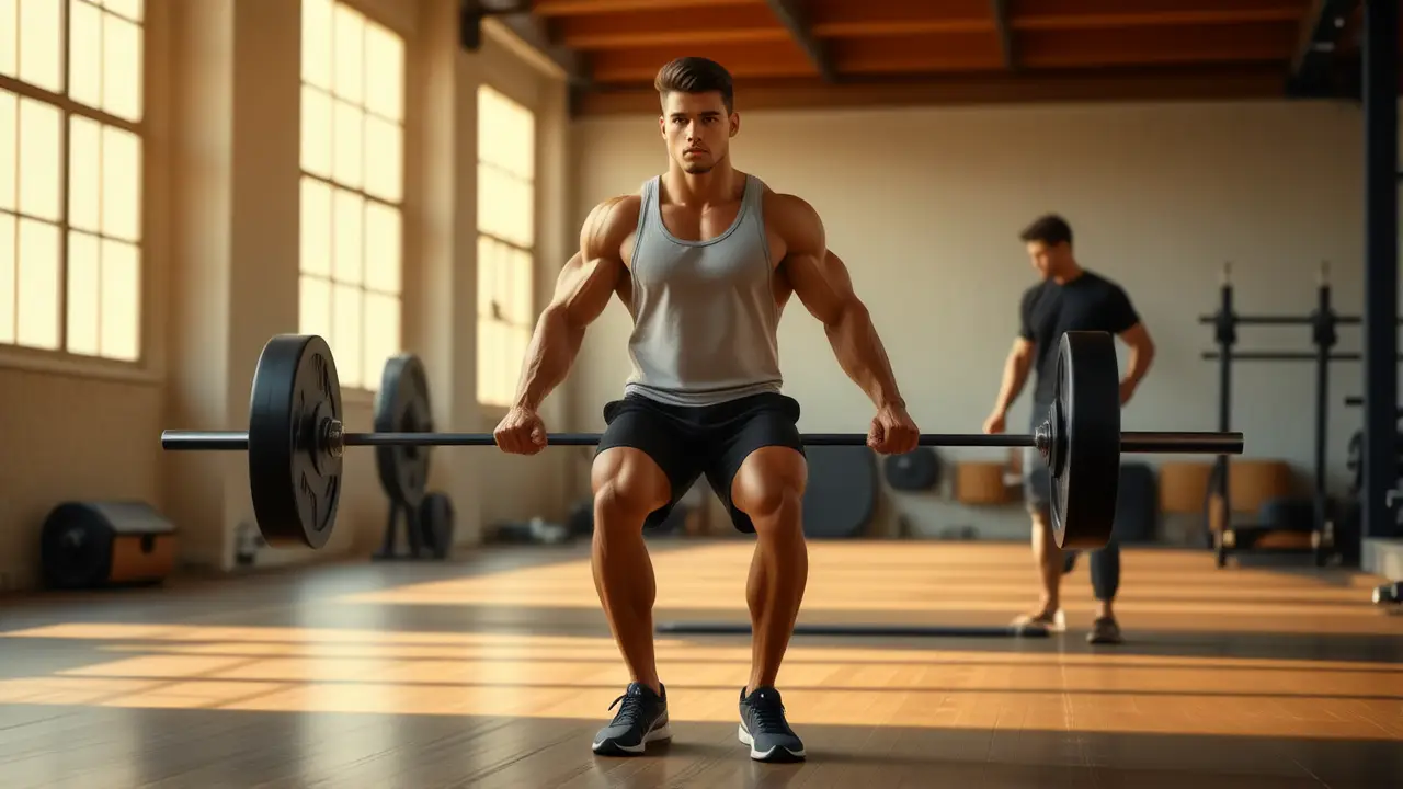 Atleta español musculoso levanta pesas con energía