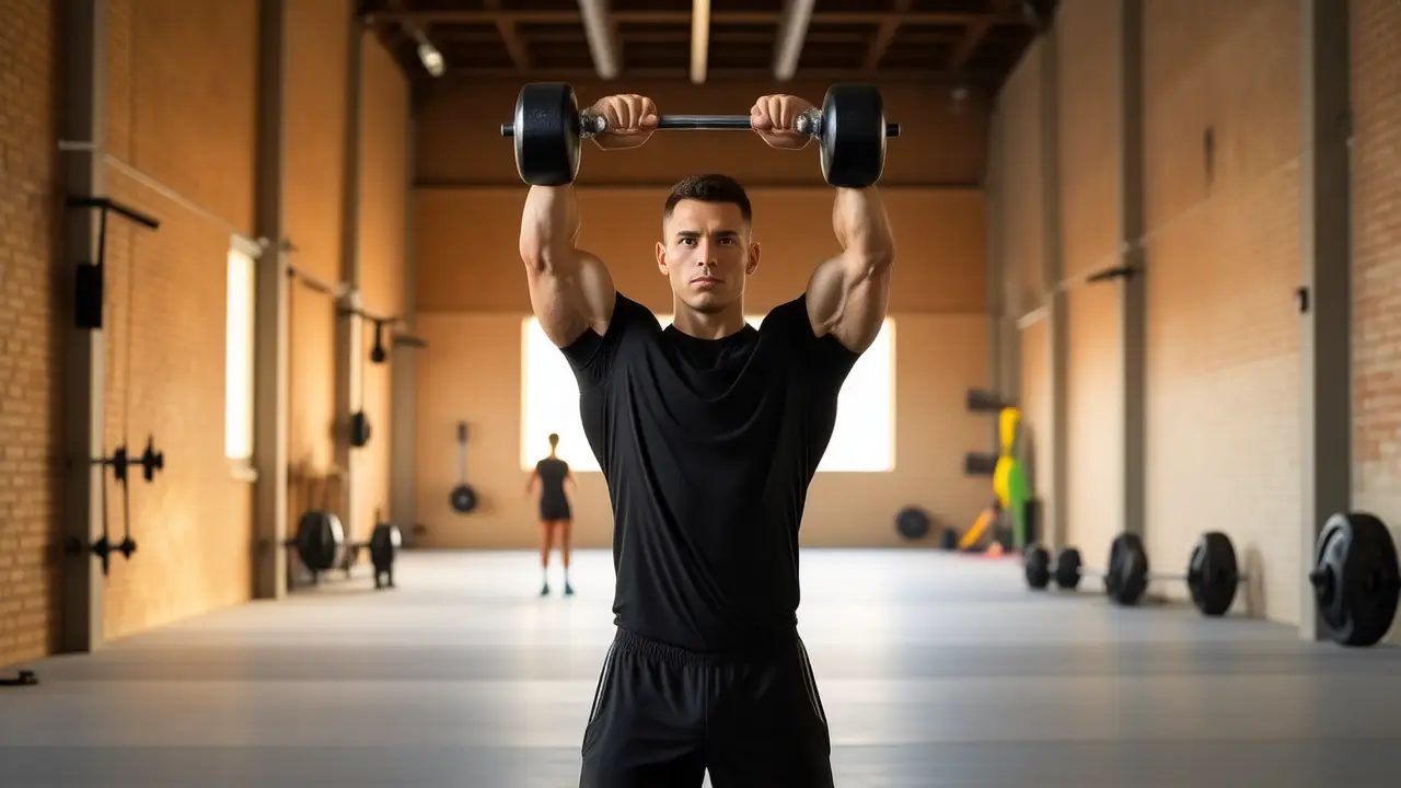 Un atleta español musculoso levanta pesas en gimnasio