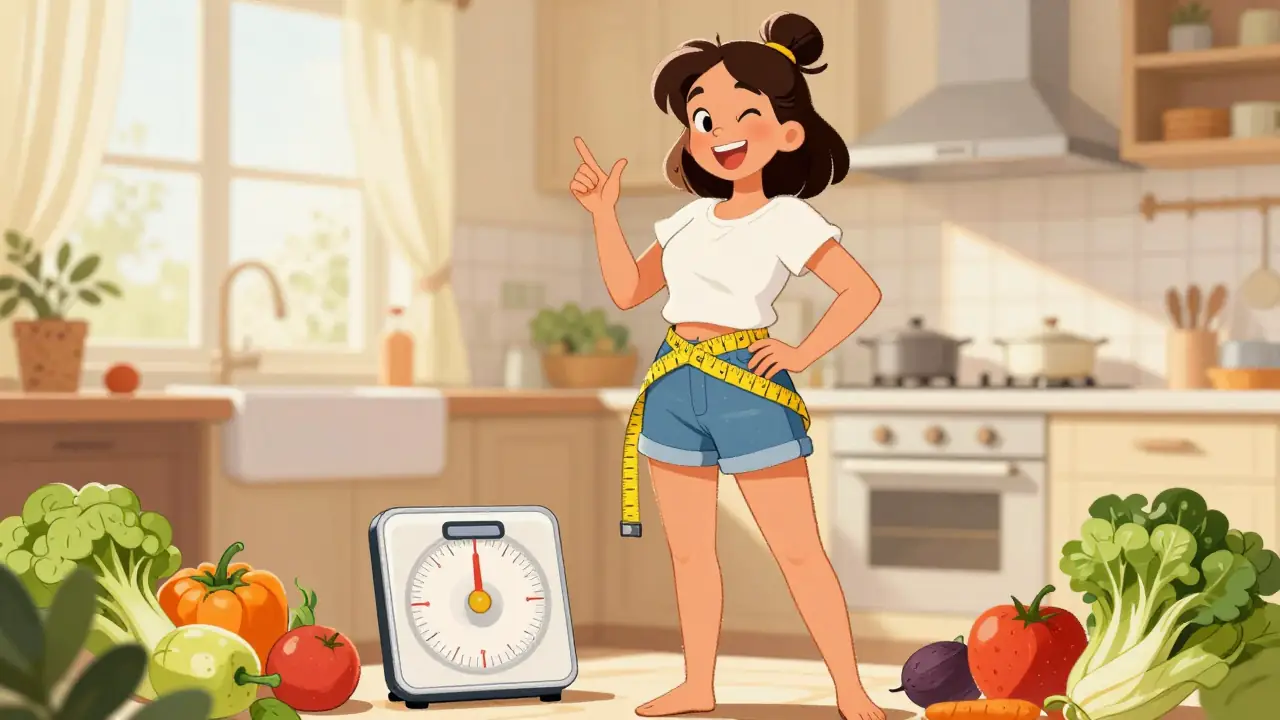 Mujer sonríe en cocina saludable y luminosa