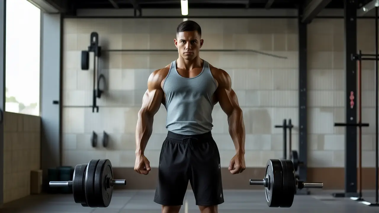 Atleta español musculoso levanta pesas con intensidad