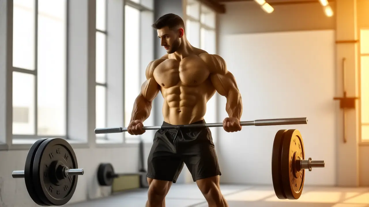 Atleta español fuerte levanta pesas en gimnasio