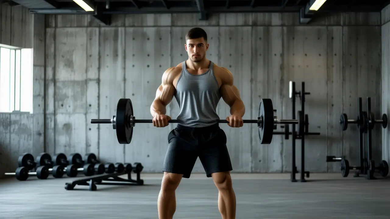 Un atleta español fuerte levanta pesas en gimnasio
