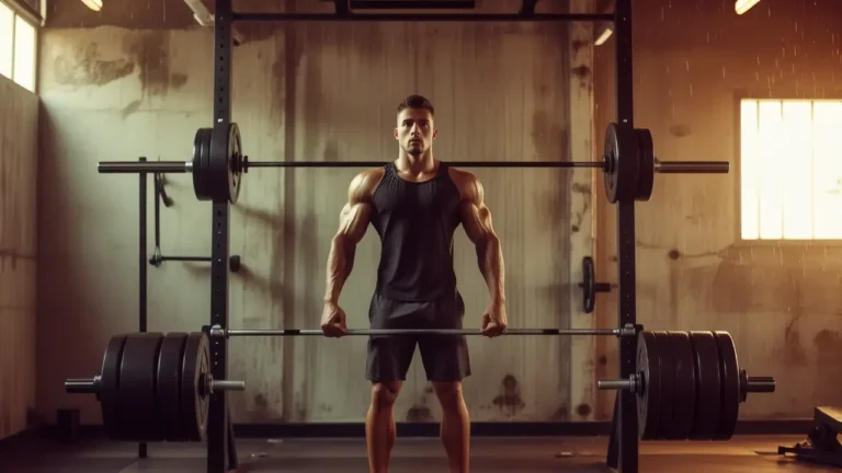 Un atleta español fuerte levanta pesas con intensidad