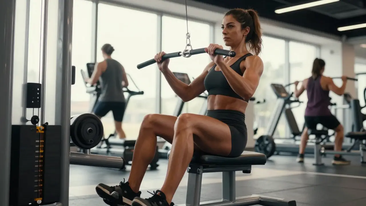 Mujer musculosa levanta pesas con fuerza