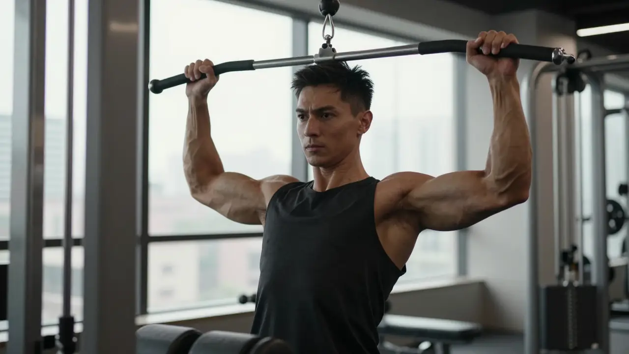 Hombre musculoso levanta pesas en un gimnasio