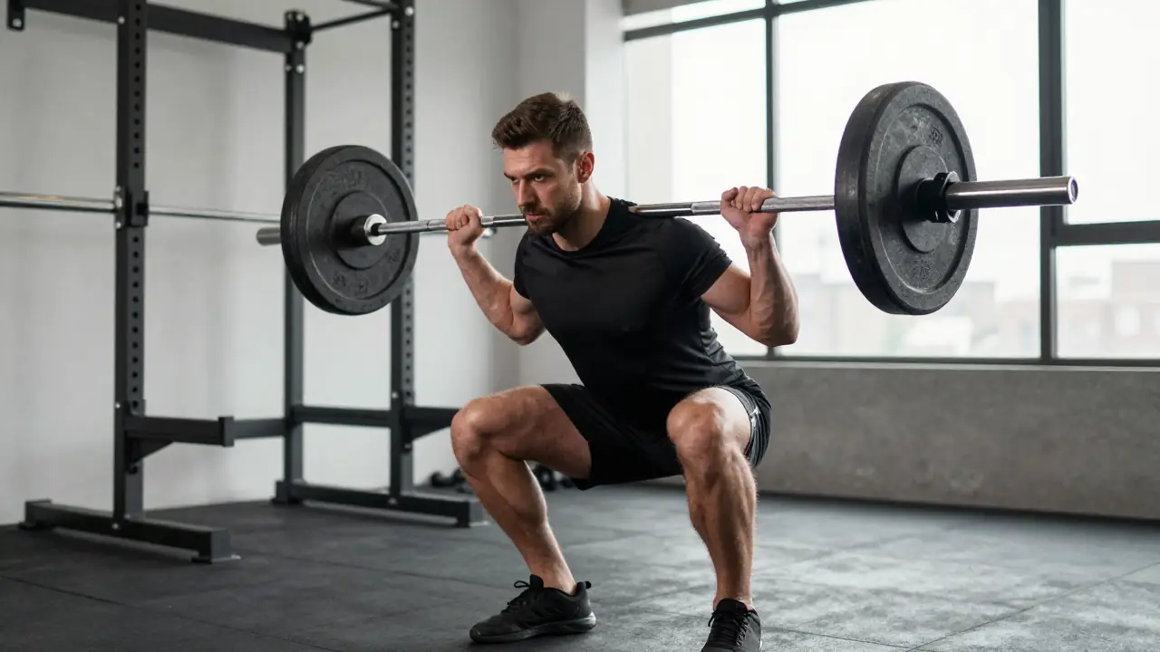 Hombre musculoso entrena con determinación en casa