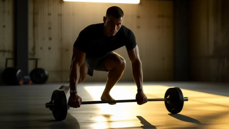Un atleta español musculoso levanta pesas en sombras dramáticas