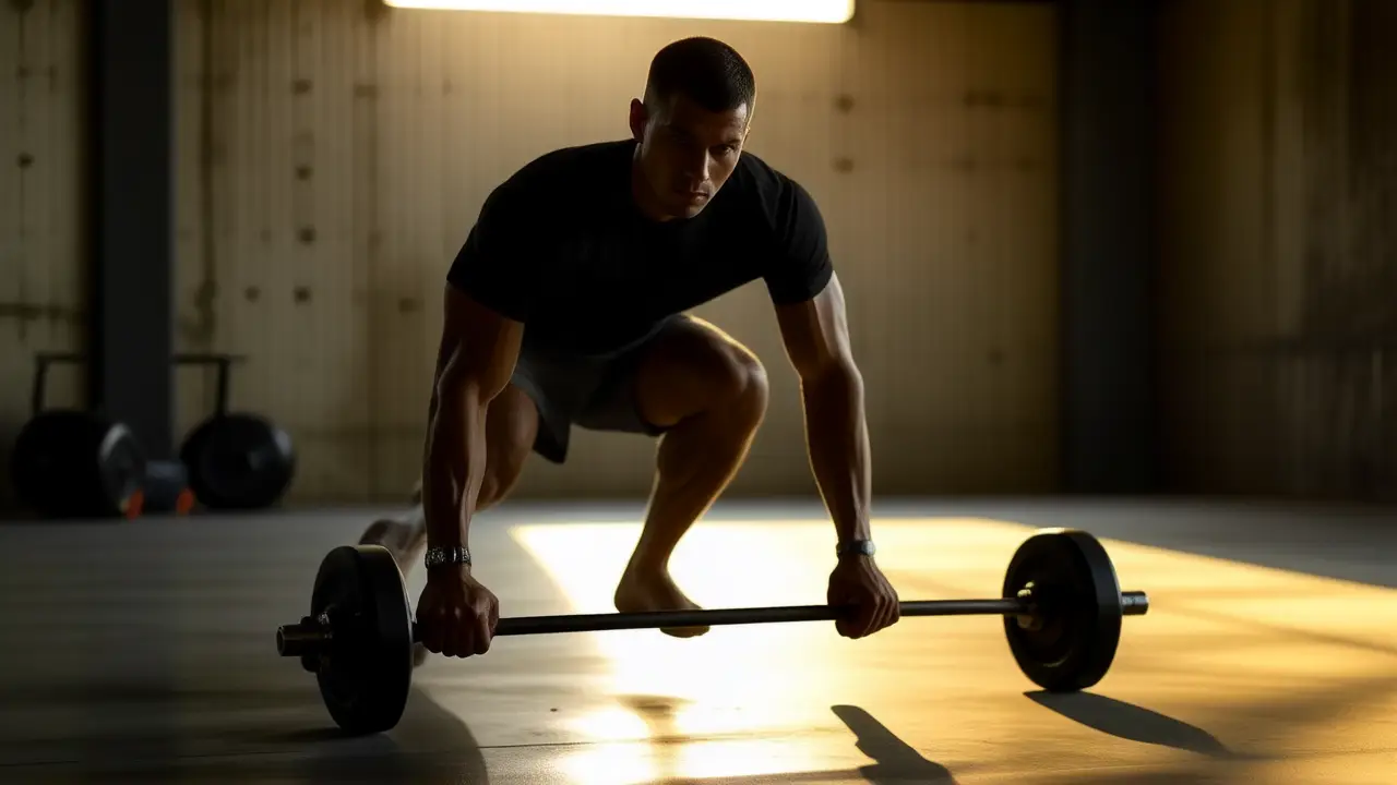 Un atleta español musculoso levanta pesas en sombras dramáticas